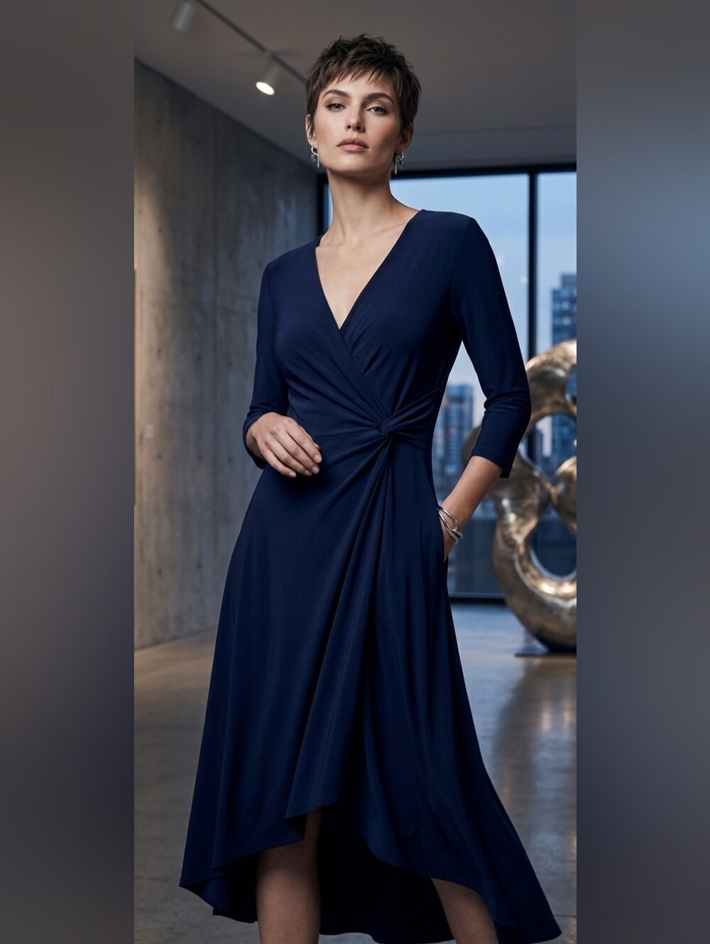 NWT Perceptions New York Navy Blue Faux-Wrap Midi Dress Size SMALL